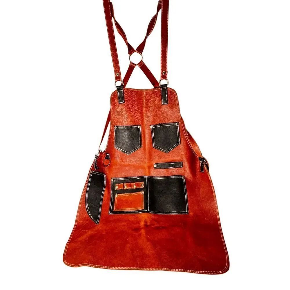 Hand Leather Cooking Work Apron in Brown & Black W White Topstitching Adjustable